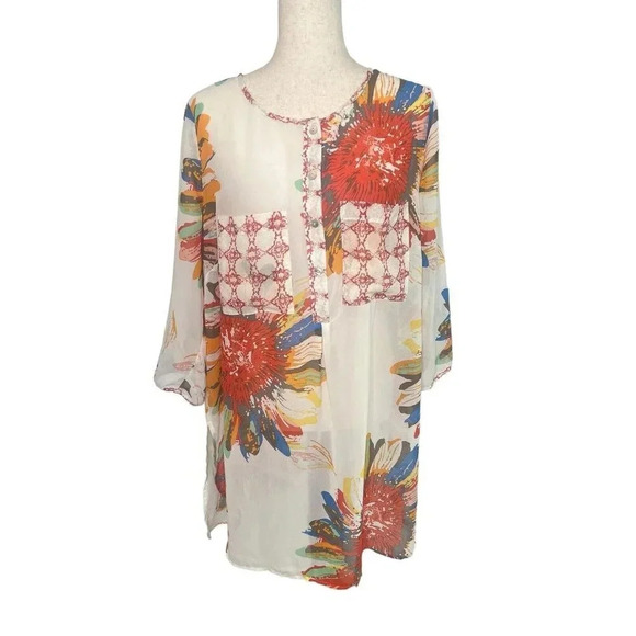 Fig & Flower Tunic Top XL Multicolor Floral Sheer Long Peasant Boho Mixed Media - Picture 1 of 15